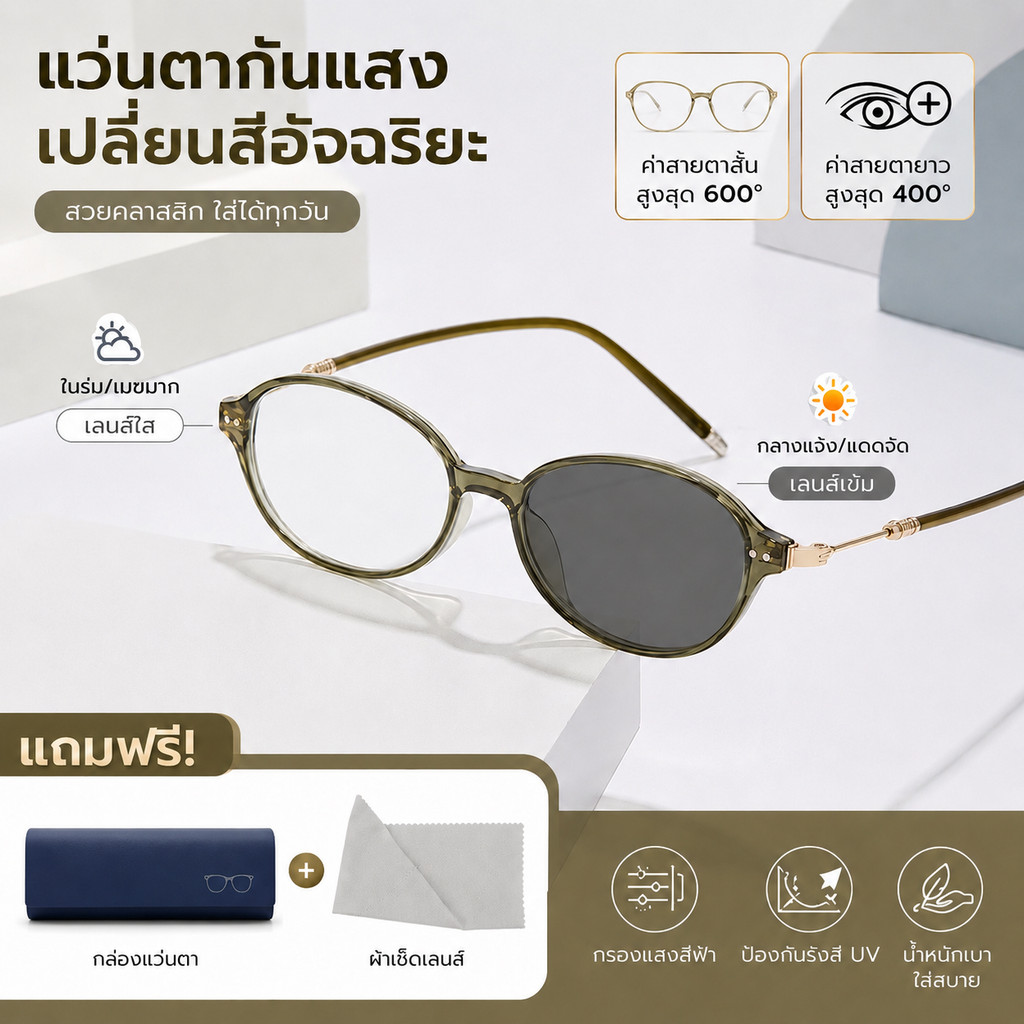 แว่นสายตาแฟชั่น เปลี่ยนสีได้ กัน UV และแสงสีฟ้า ใส่แล้วหน้าดูเล็ก สไตล์มินิมอล เหมาะกับทุกลุคสั้น600