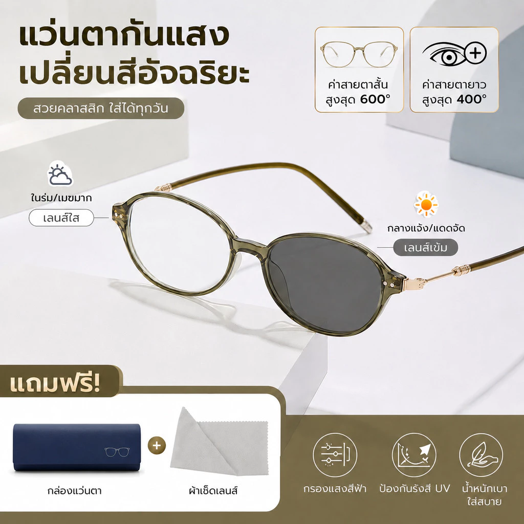 แว่นสายตาแฟชั่น เปลี่ยนสีได้ กัน UV และแสงสีฟ้า ใส่แล้วหน้าดูเล็ก สไตล์มินิมอล เหมาะกับทุกลุคสั้น600
