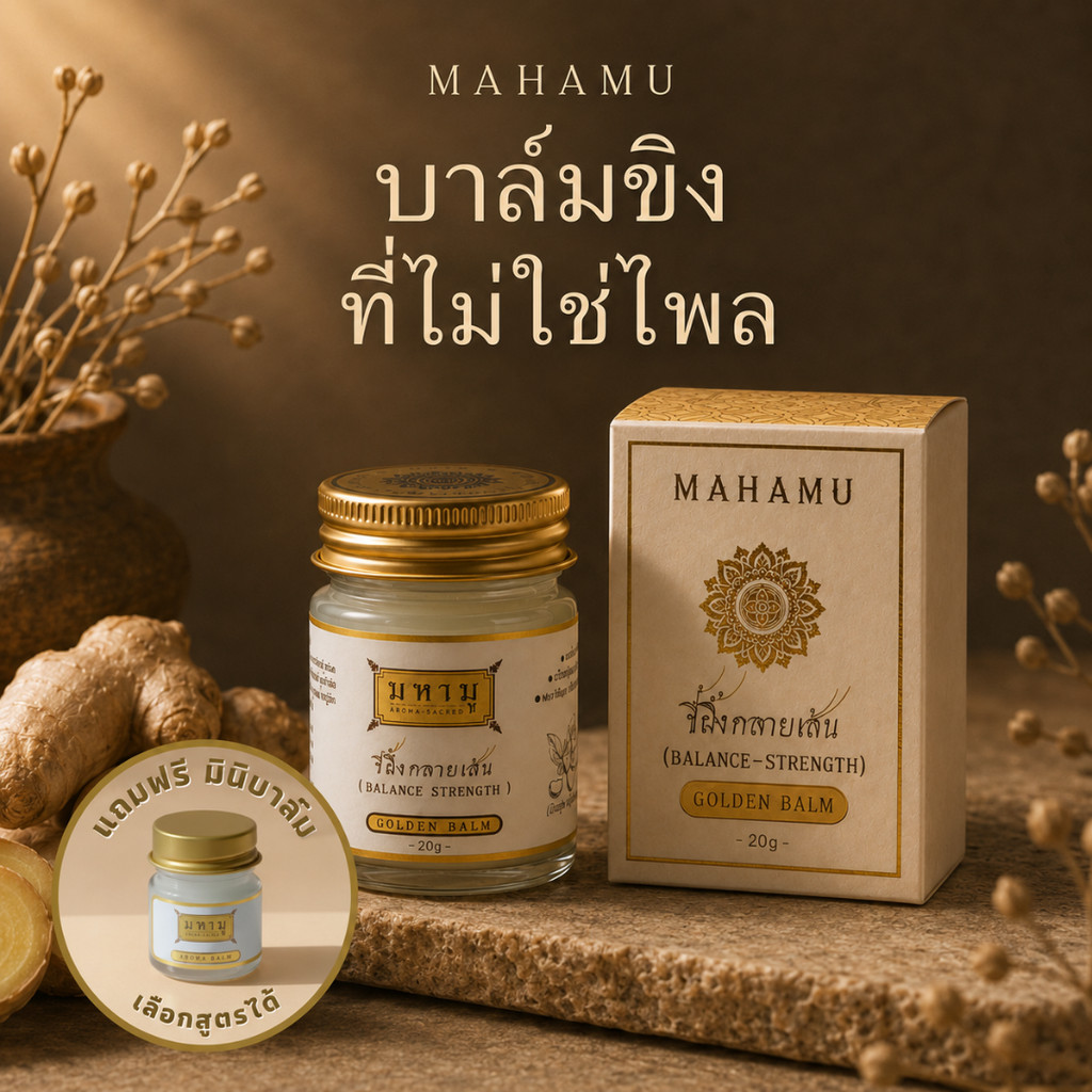 MAHAMU Golden Balm – Premium Natural Balm ขี้ผึ้งคลายเส้นสูตรขิง ไม่ฉุน ซึมไว ไม่เหนอะ ไม่เลอะเสื้อผ้า