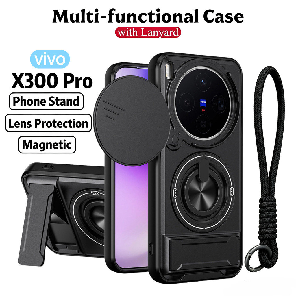เคสโทรศัพท์มัลติฟังก์ชั่นหรูหราเหมาะสําหรับ Vivo X300 Pro Ultra X200 FE 5G Lanyard 360°ขาตั้งแหวนพร้อมปลอกกล้องแม่เหล็กติดรถยนต์กันกระแทกฝาครอบป้องกันเต็มรูปแบบ