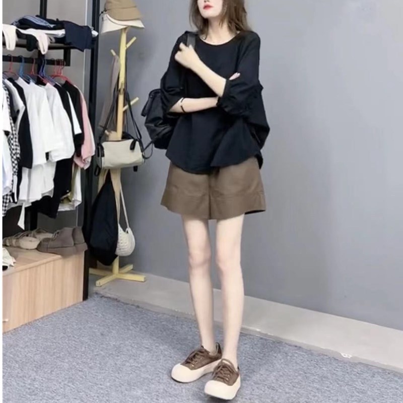 23367 Daaimei Yiyuan 2025 ครีมกันแดดสีดําหลวมกางเกงขาสั้นขากว้างลําลองผู้หญิง/Crossant 12.8