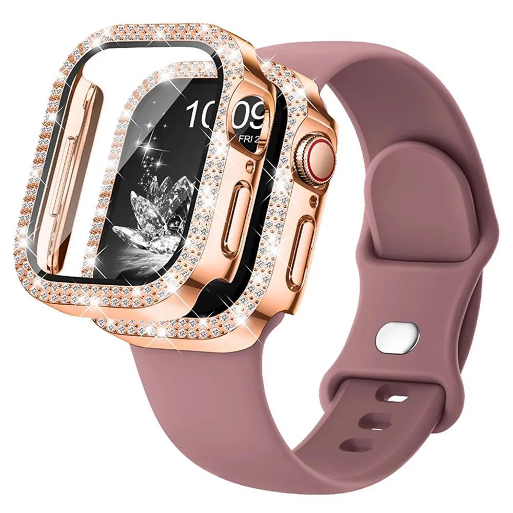 Bling Diamond Glass Screen case + strap ใช้งานร่วมกับสําหรับ Apple watch 46 มม.42 มม.45 มม.41 มม.44 มม.40 มม.Series 11 10 9 8 7 6 5 4 SE
