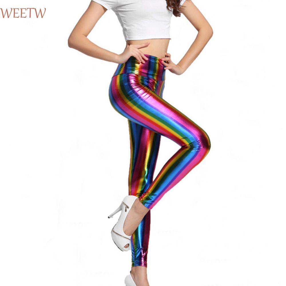WEEKW Leather Pants Pants Ladies Stripe Disco Fancy Retro