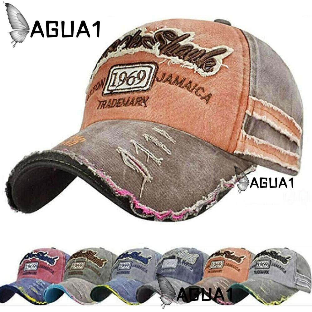 AGUA1 Distressed Faded Cap แฟชั่น WASHED DENIM หมวกกันแดดแบบปรับได้