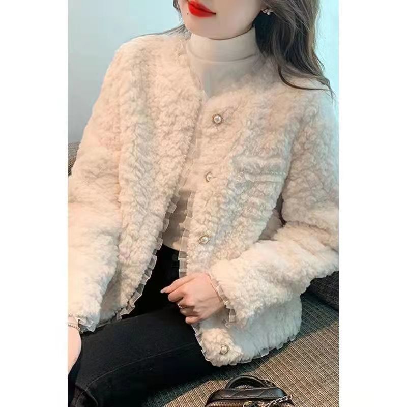 Little Lamb Wool Jacket ผู้หญิงลูกไม้เสื้อหนัง Faux หนาหลวม