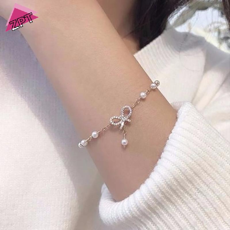 [ZPT] แฟชั่นผู้หญิงโบว์ไข่มุก Charm สร้อยข้อมือคุณภาพสูงคริสตัลบางสร้อยข้อมือแฟชั่นเครื่องประดับ Hello Girl ของขวัญ TH