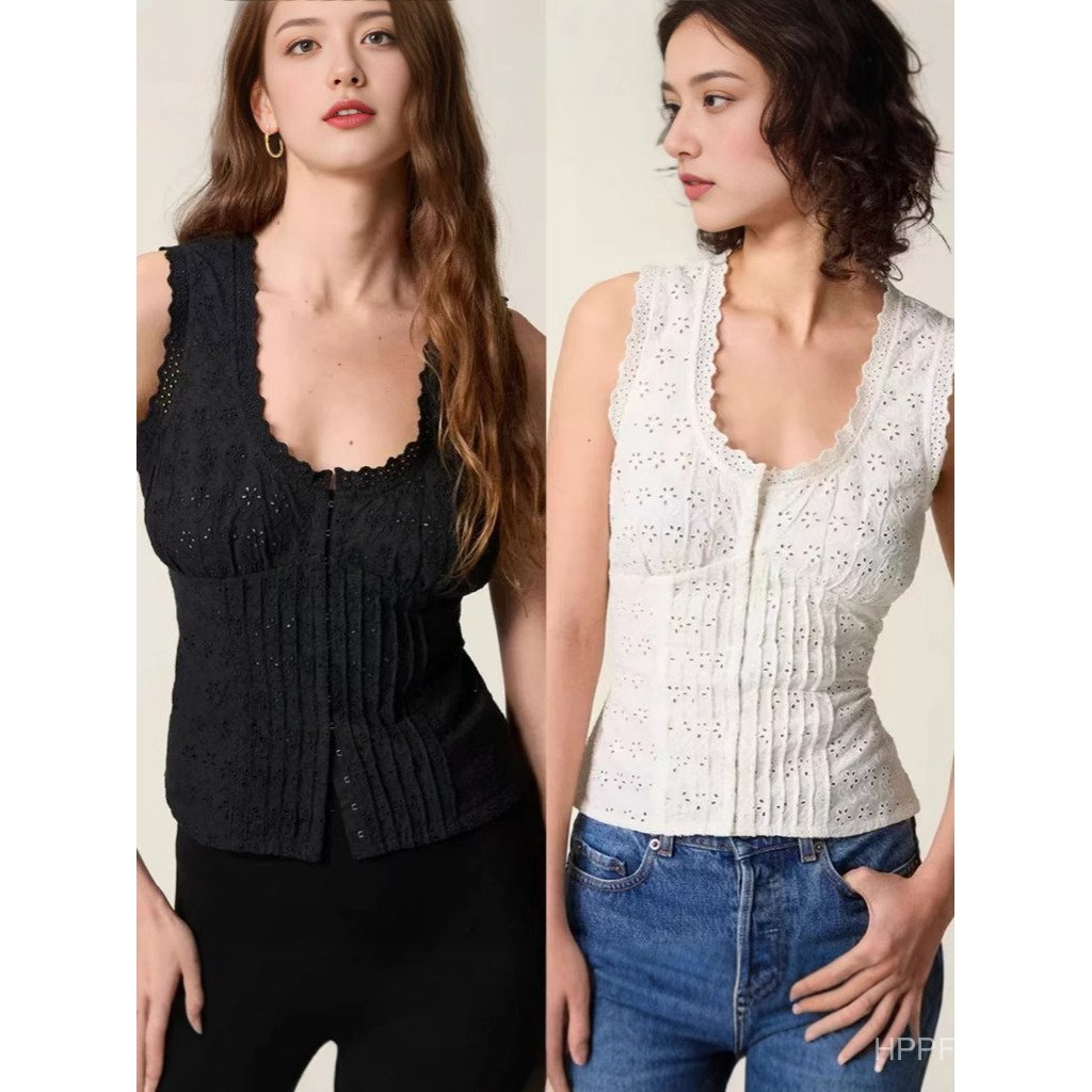 U-คอหวานสไตล์ลูกไม้ฝรั่งเศสสินค้าใหม่ Niche ฤดูร้อน Laced-Up เสื้อกั๊กลูกไม้แคบ-เอว Hook Buckle 25 เ