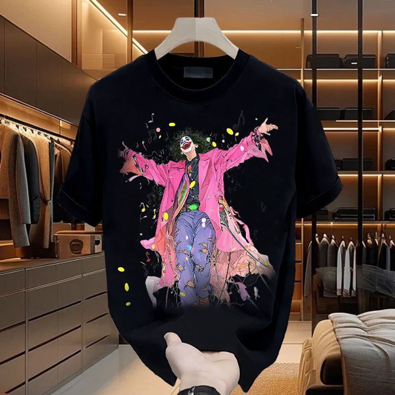 เกาหลีเกาหลี2026อเมริกันถนนสวมตัวตลกพิมพ์หนักแขนสั้นเสื้อยืดผู้ชายฤดูร้อนหลวมสบายๆรอบคอ จุดต่ําสุด เ