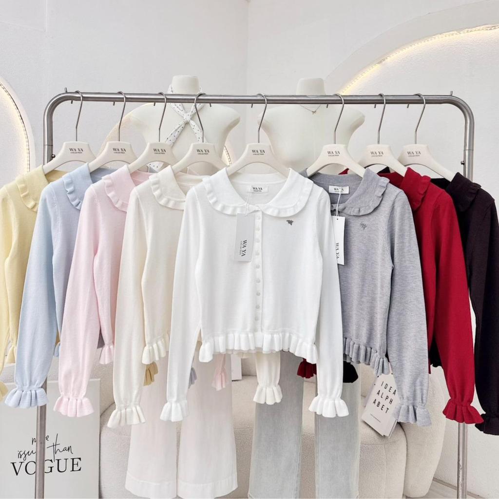 KN.Clothes เสื้อคาร์ดิแกน แขนยาว เนื้อไหมพรม แต่งระบาย ปลายแขน ชายเสื้อ WA YA