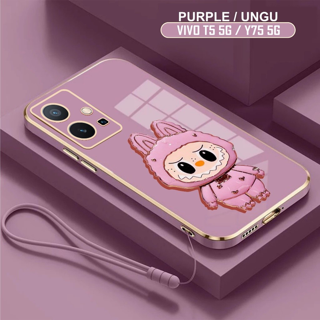 Soft Case Vivo T1 / Y75 5G Casing Labubu Mirror Holder Free Mobile Phone Lanyard Strap