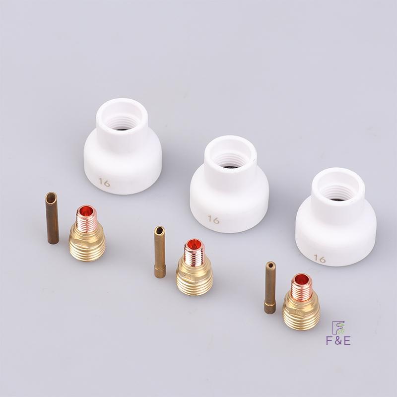 F&E 3 ชิ้นเชื่อม TIG 16 1.6/2.4/3.2 มม.เซรามิคสีขาวหัวฉีด Alumina ถ้วยชุดไฟฉาย WP9 20 25 Stubby Coll