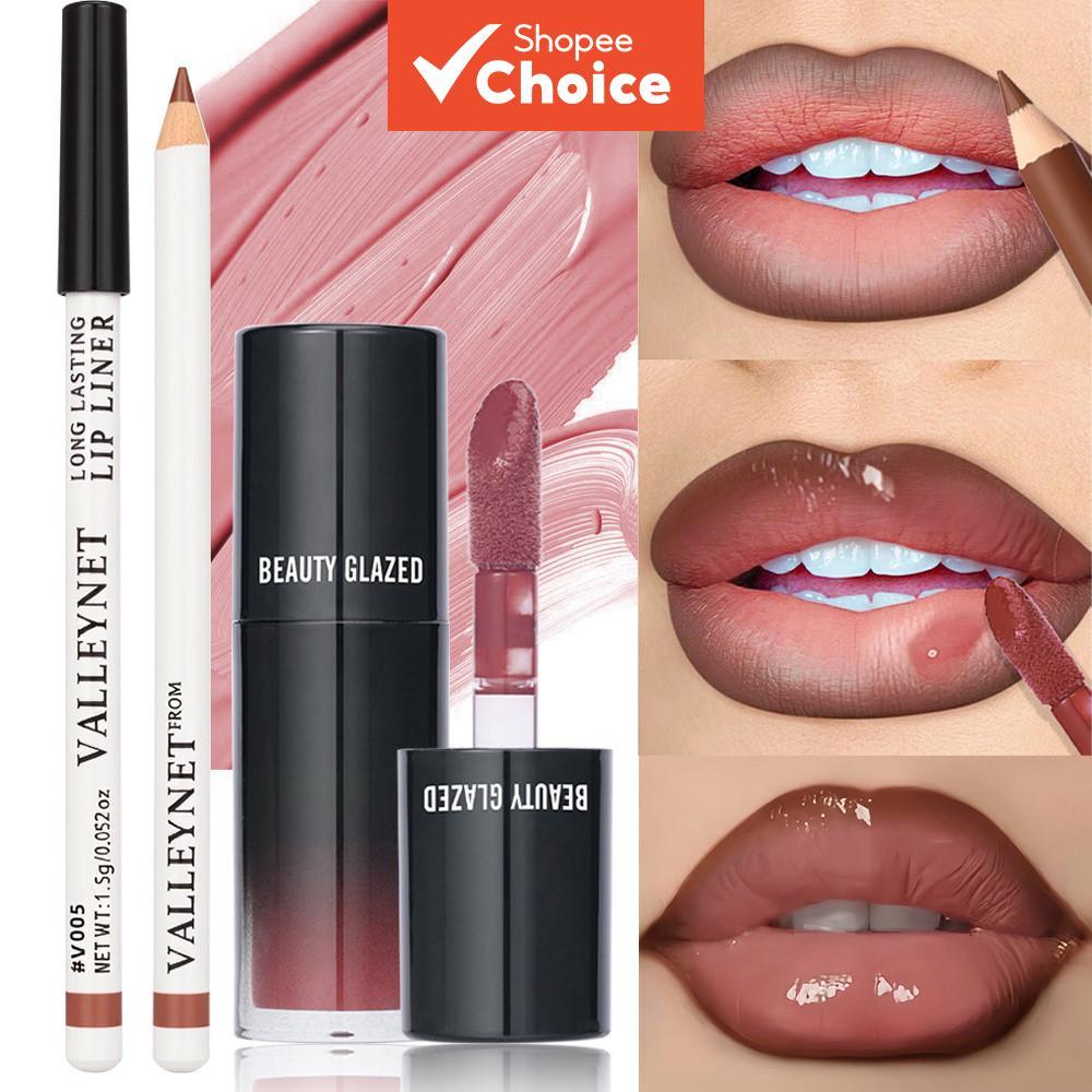 BEAUTY GLAZED 2 ชิ้น/เซ็ต Matte Velvet Lip Liner & Lip Oil, Long-Lasting Waterproof Lip Combo Kit