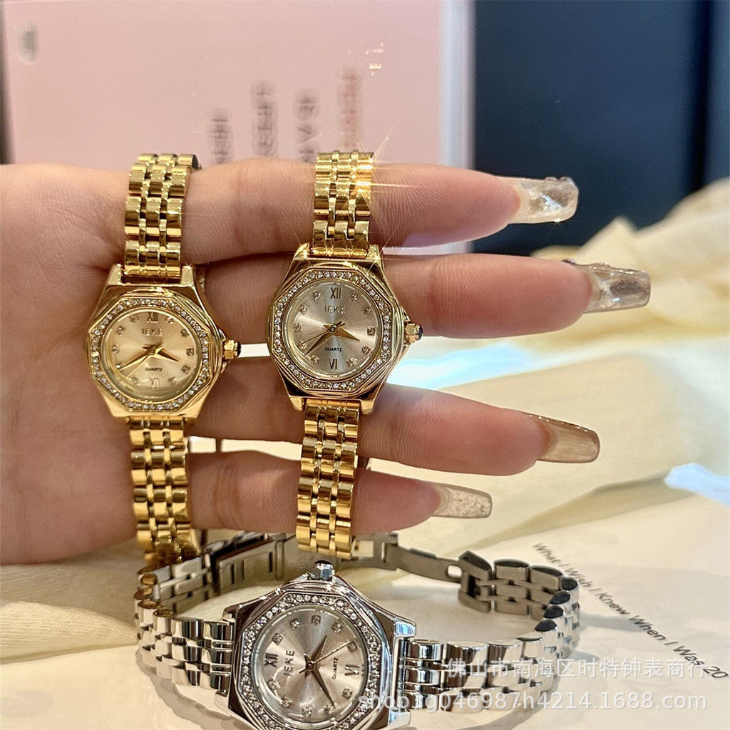 IEKE Square Round Steel Band Small Gold Watch Temperament Watch Women Style Diamond-studded Gypsophi