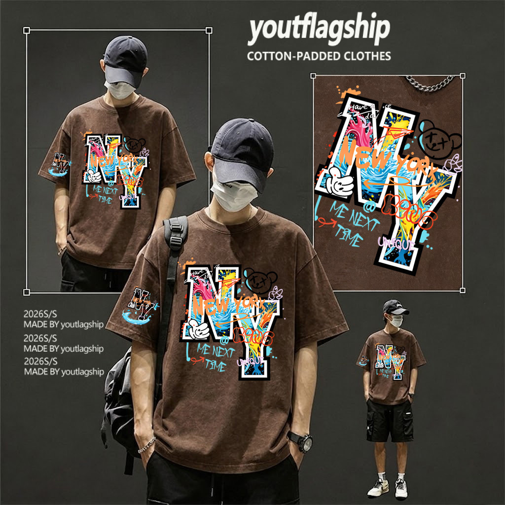 Y-T🔥พร้อมส่ง เสื้อยืด oversize ผ้าฟอกวินเทจ ผ้าฝ้ายแท้ใส่สบาย ไม่แตกเมื่อซัก ลาย "NY Splash water"