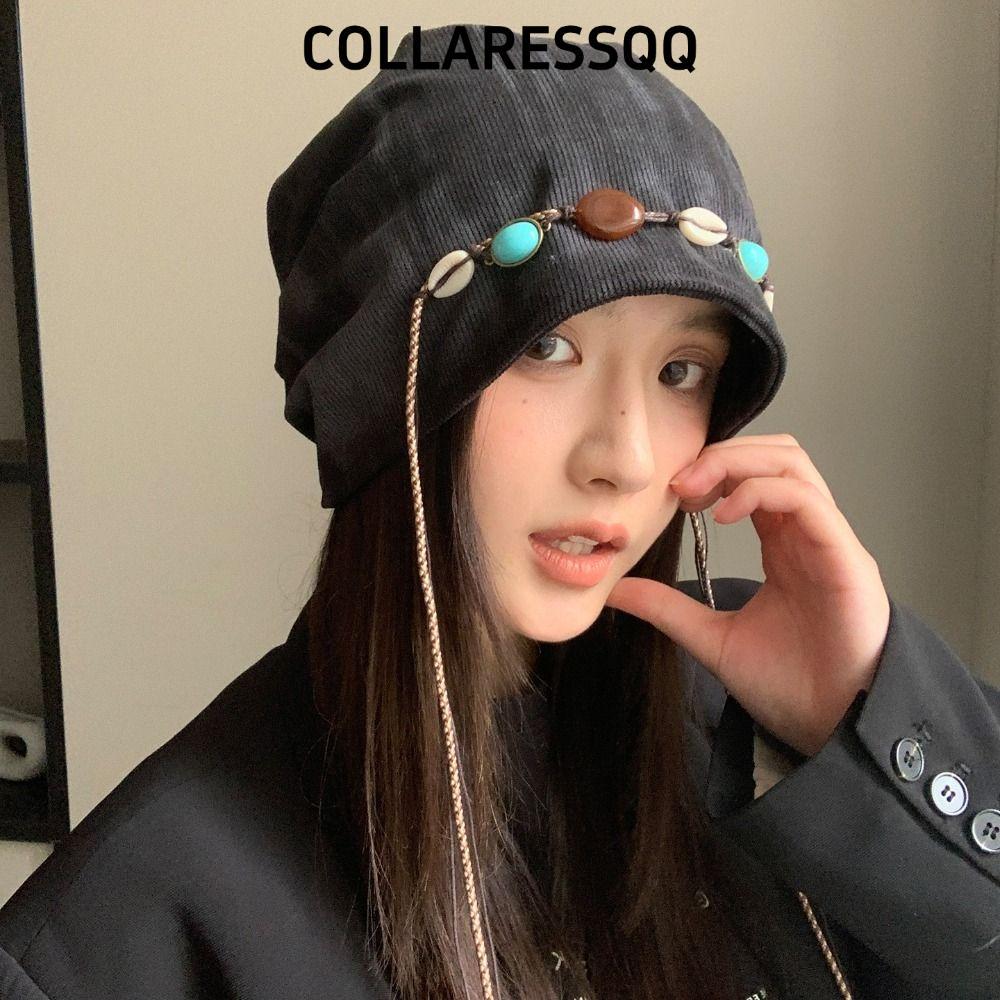 ปกเสื้อ หมวกซ้อน,หมวกถุงประดับด้วยลูกปัดสไตล์โบฮีเมียนวินเทจให้ความอบอุ่นสไตล์ชาติพันธุ์เส้นรอบวงศีรษะขนาดใหญ่หมวกสวมหัวสําหรับผู้หญิงแ