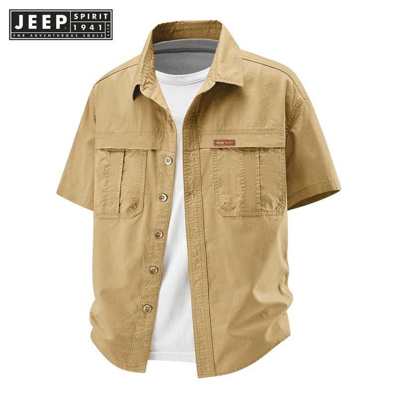 JEEP SPIRIT 1941 ESTD เสื้อเชิ้ตแขนสั้นผู้ชายสีทึบหลวม