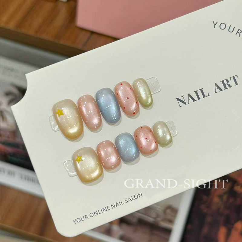 พร้อมส่งไทย เล็บปลอม แยกไซส์ สั้นกุด ดาว สีพาสเทล สีลูกแก้วแคทอาย น่ารัก สไตล์เกาหลี 10 ชิ้น/ไซส์ M S XS ฟรีกาวสิลิโคน
