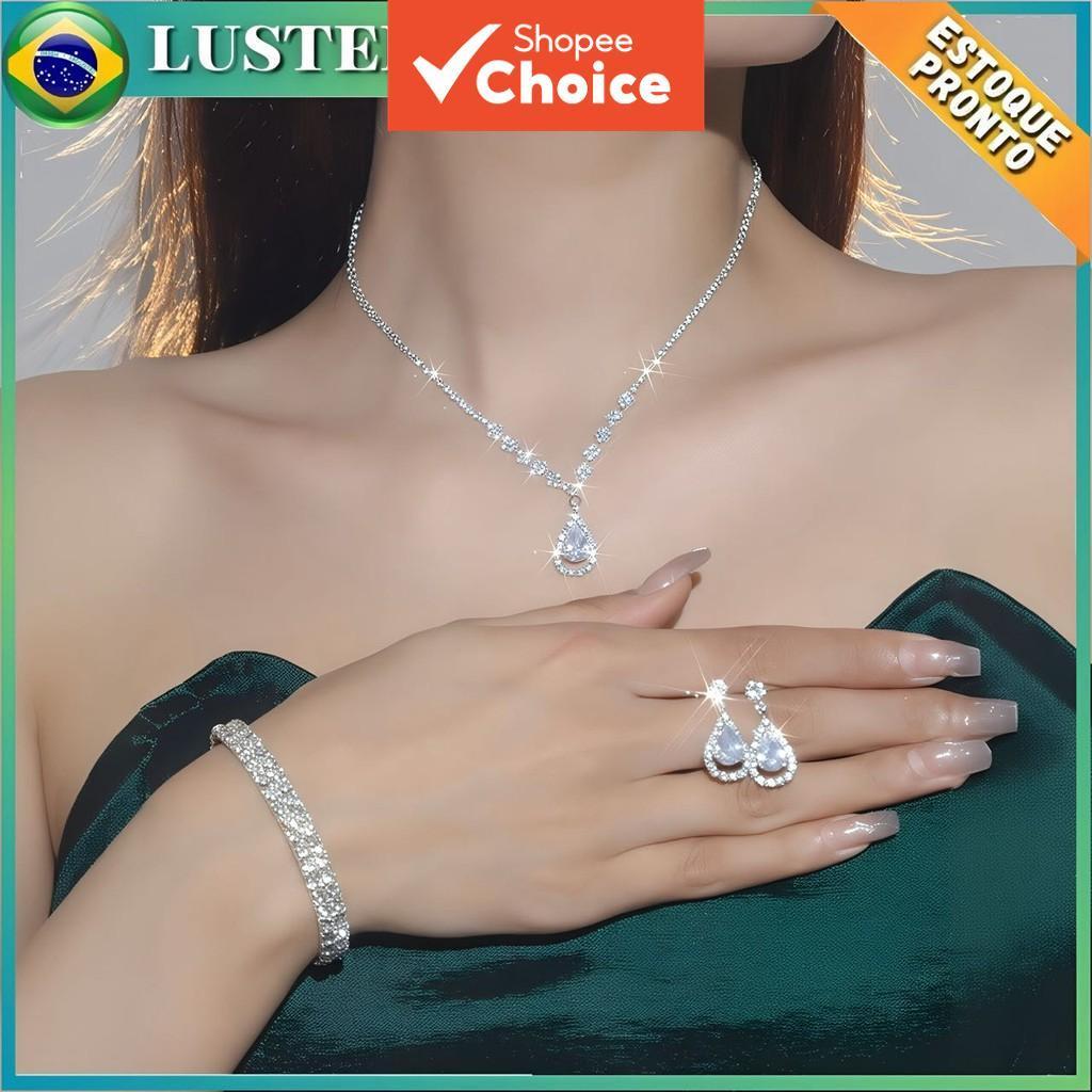 หรูหราเงินน้ําตา Cz ชุดเครื่องประดับเจ้าสาวสําหรับผู้หญิง3ชิ้นคริสตัลสร้อยคอต่างหูสร้อยข้อมือสําหรับงานแต่งงาน ของขวัญ