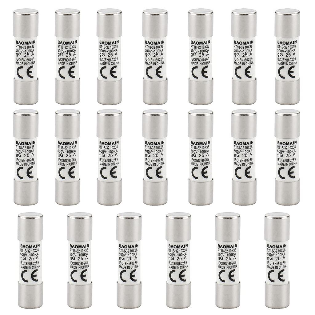 Baomain 20-Pack 25A Fuse Link, RT18-32 (RO15 RT14 RT19), 10x38mm 500V 100KA, หลอดเซรามิคทรงกระบอก CE