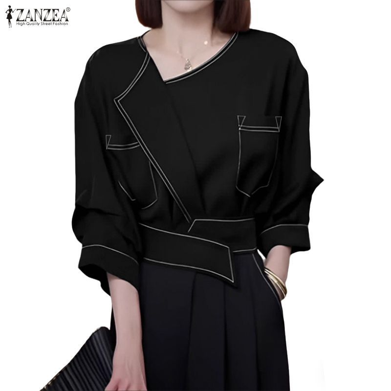 ZANZEA เสื้อเบลาส์คอปกอสมมาตรแฟชั่นลําลองสไตล์เกาหลีของผู้หญิง Three-Quarter เสื้อเชิ้ตดีไซน์บล็อกสี