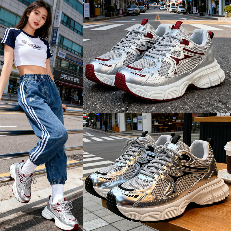 รองเท้าผู้หญิงสไตล์ใหม่ปี 2025 รองเท้ากีฬาระบายอากาศเพิ่มความสูง โซールหนา JX