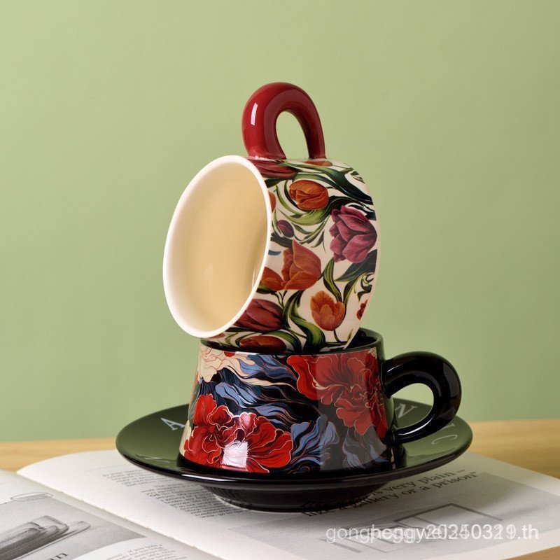 Breeze Cup.Retro French Fresh Flower Cup Saucer Ceramic Cup Coffee Cup Saucer Set Niche High-End Lux
