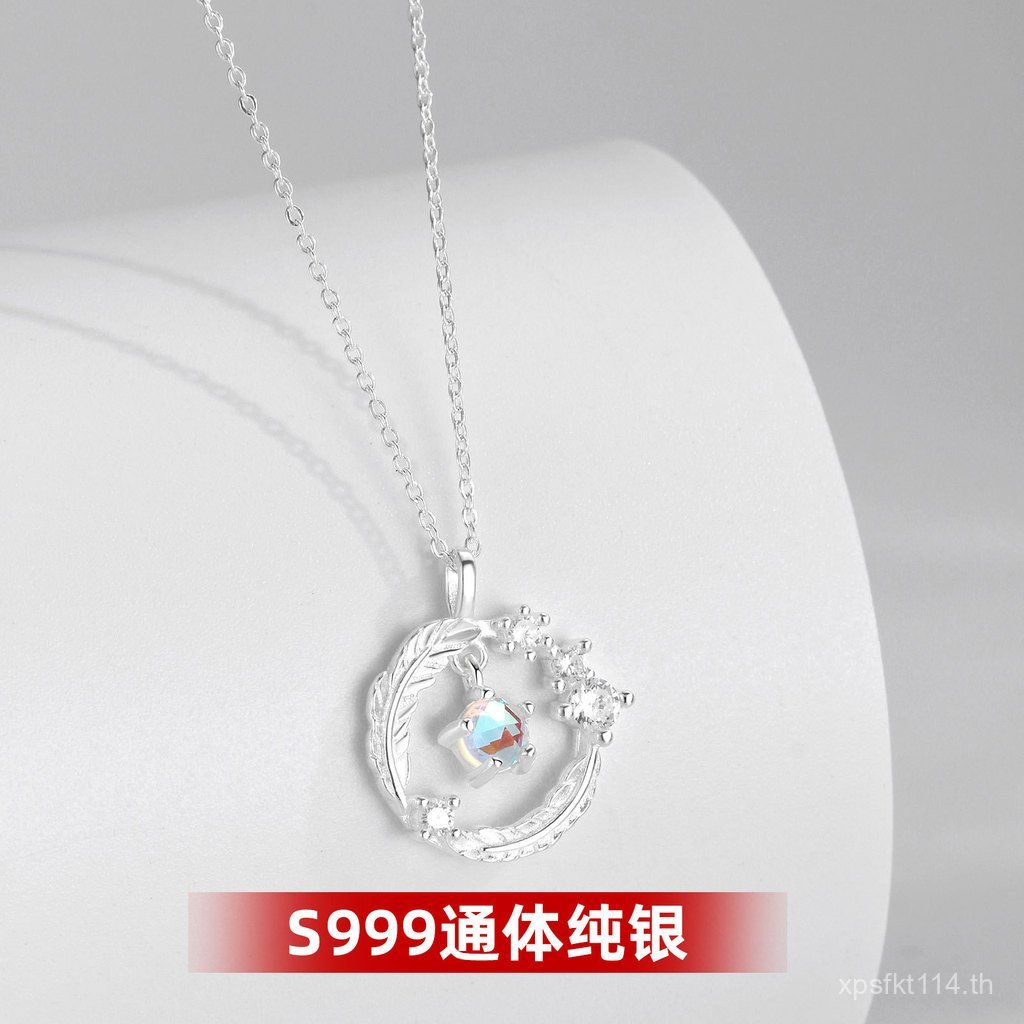 Moonstone Lucky Clavicle Chain High-End Feel Sterling Silver Garland สร้อยคอผู้หญิง All-Match S999 เ