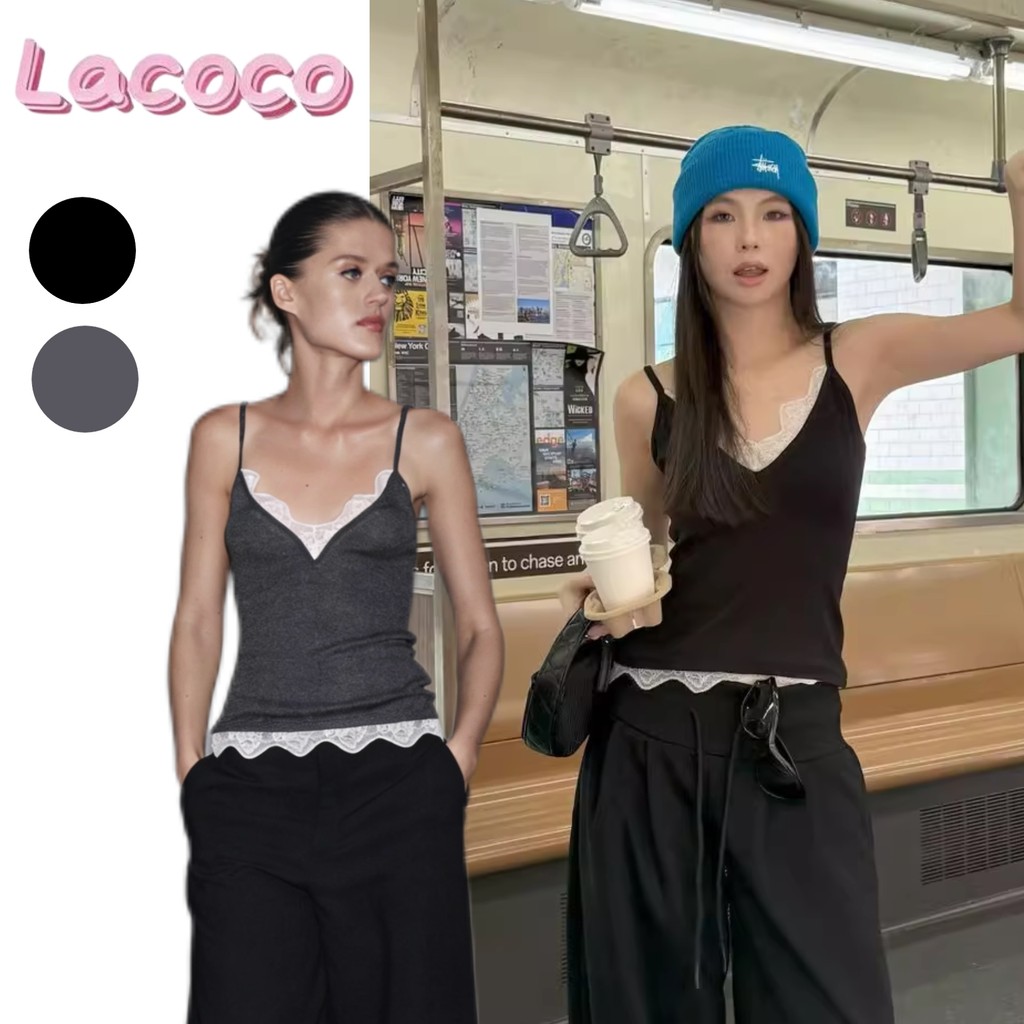 Lacoco🍓คลังสินค้าพร้อม🍓เสื้อสายเดี่ยวคอวีเนื้อผ้าขัดเงา ดีไซน์เก๋ไก๋และใช้งานได้หลากหลาย ตกแต่งด้วยลูกไม้ และทรงเข้ารูป