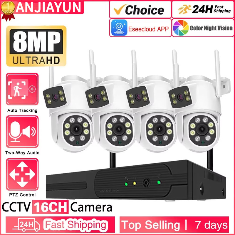 8MP Dual เลนส์ไร้สาย WIFI PTZ กล้องระบบรักษาความปลอดภัยกล้องวงจรปิดการเฝ้าระวังวิดีโอ 16CH 5MP NVR ก