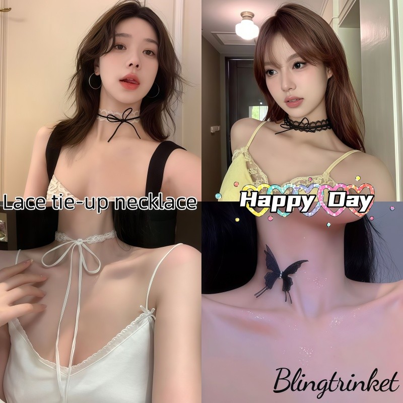 Bling Trinket✨✨ริบบิ้นลูกไม้ สร้อยคอรูปโบว์ การสวมใส่แบบเลเยอร์ เครื่องประดับน่ารัก จัดส่งรวดเร็ว
