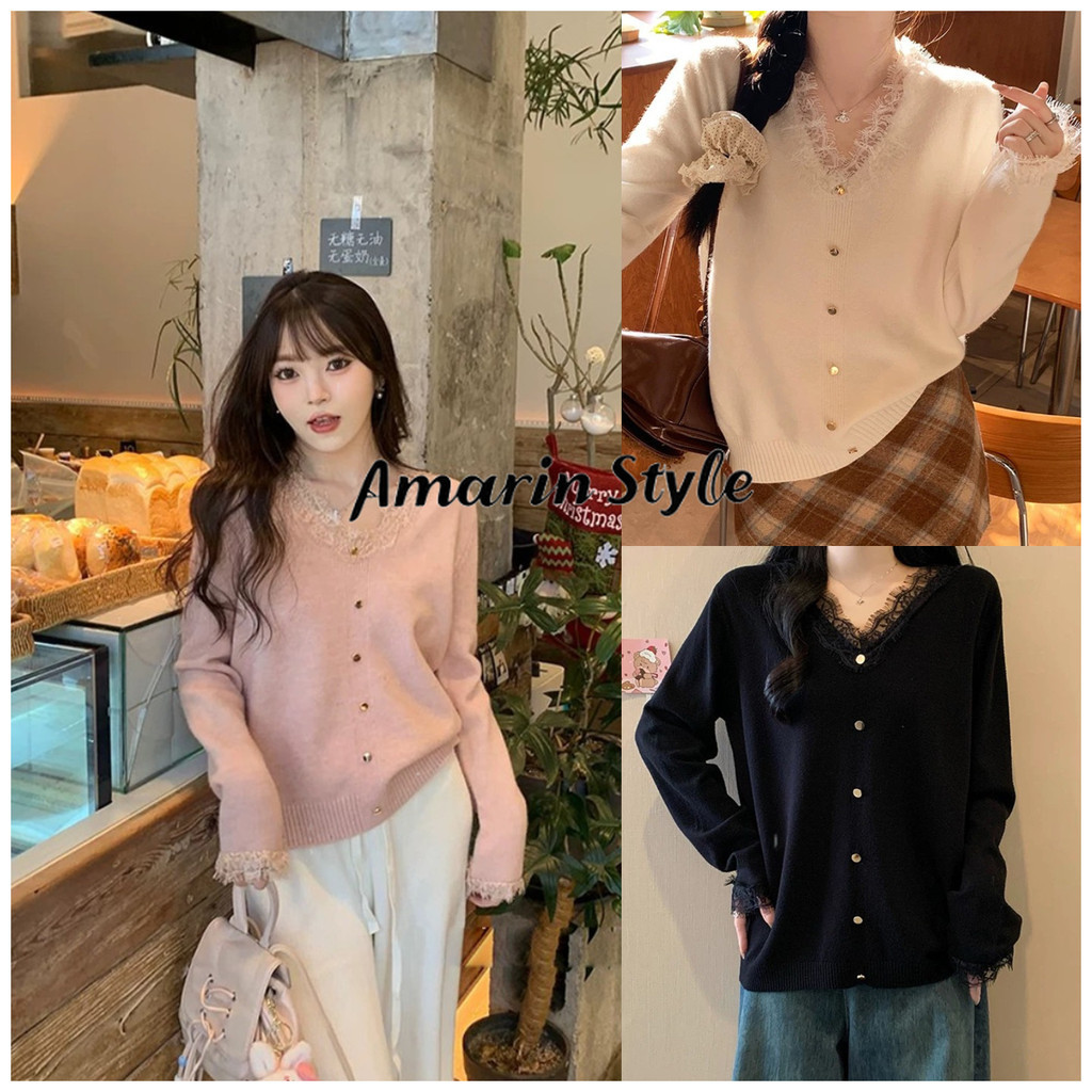 Amarin🎀พร้อมส่ง🎀  เสื้อแขนยาวไหมพรม คอวี แต่งลูกไม้สีพาสเทล ผ้านุ่นนิ่มเกาหลีสไตล์ Y017