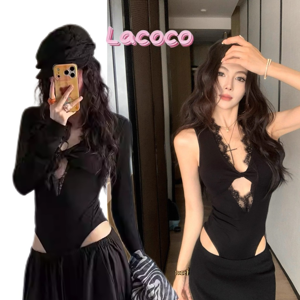 Lacoco🍓คลังสินค้าพร้อม🍓เสื้อบอดี้สูทแขนยาวและแขนสั้นลายลูกไม้สไตล์ฝรั่งเศสสำหรับผู้หญิง สไตล์ใหม่ปี 2026 ทรงเข้ารูป สวยง