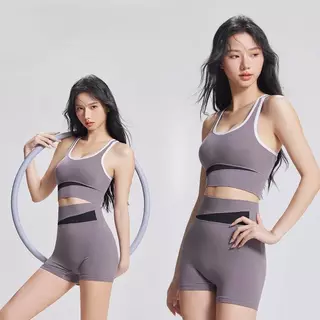 เซ็ตเสื้อกีฬา+กางเกงเอวสูง S-2XL ชุดออกกำลังกายผู้หญิง เก็บพุง ยกก้น มีฟองน้ำในตัว ผ้ายืดหยุ่น ใส่สบาย ชุดโยคะ ชุดฟิตเน