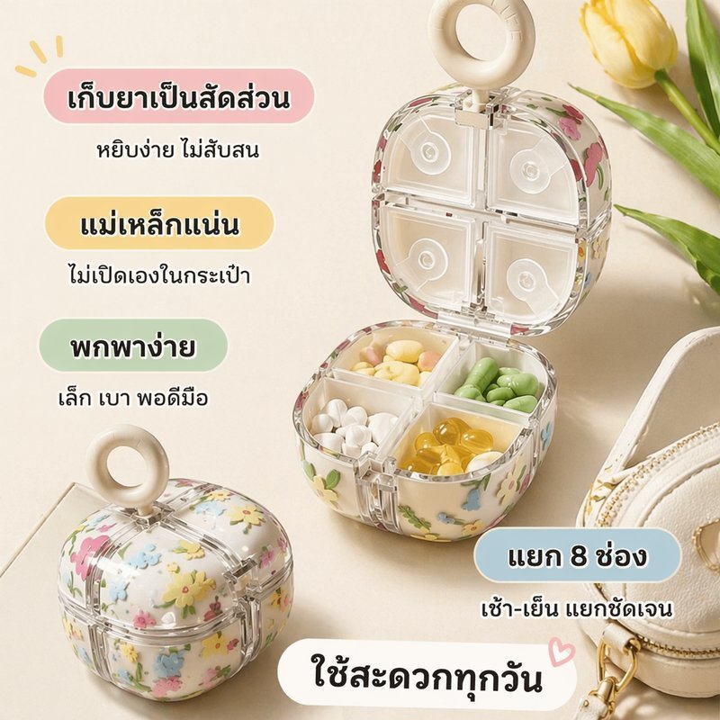 กล่องยาแม่เหล็ก กล่องแบ่งยา 7วัน 8ช่อง 3มื้อ พกพา กันชื้น ปิดสนิท มินิ วัสดุpp เกรดอาหาร