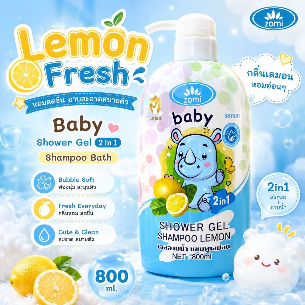 โซมิ Zomi  แชมพูอาบน้ำเด็ก 2in1 เจลอาบน้ำ แชมพู BABY อาบน้ำสระผมครบในขวดเดียว 800 ML