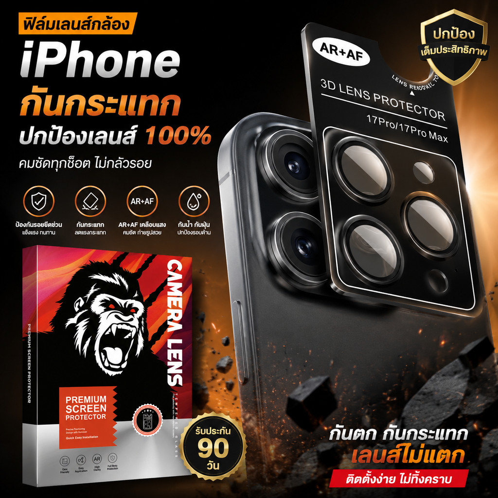 ฟิล์มเลนส์กล้อง IPhone 13-17series 3D กระจกนิรภัย AR+AF กันกระแทก กันน้ำ คมชัด ไม่กลัวรอย รับประกัน 90 วัน