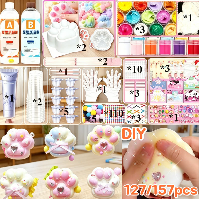สกุชชี่หนึบ ชุดทําสกุชชี่ สกุชชี่เหนียว ​​ ชุดสกุชชี่ DIY Squishy ของเล่นคลายเครียด กรงเล็บแมว