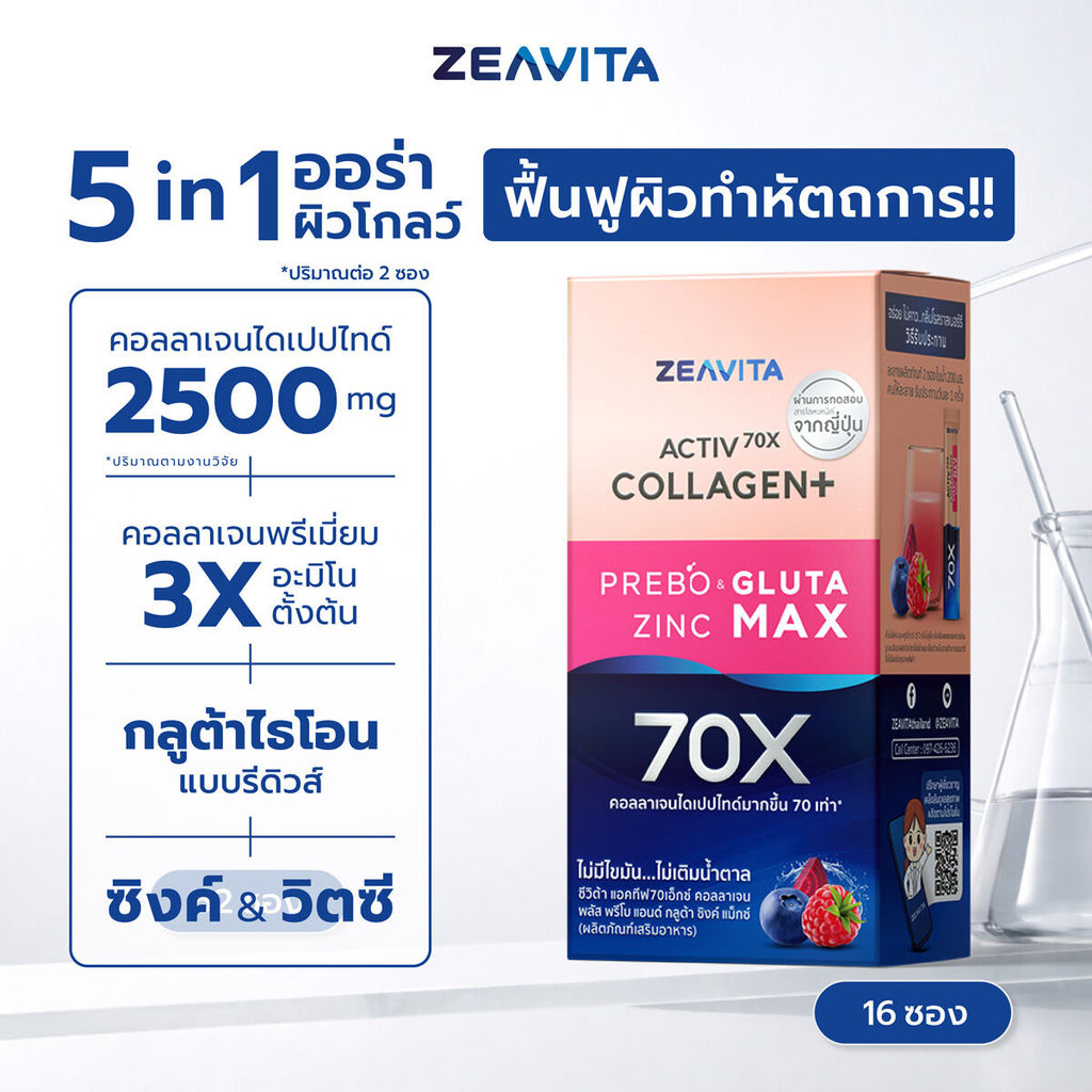 Zeavita ซีวิต้า คอลลาเจน กลูต้า&ซิงค์ + พรีไบโอติก collagen อาหารเสริม วิตามินซี glutaa