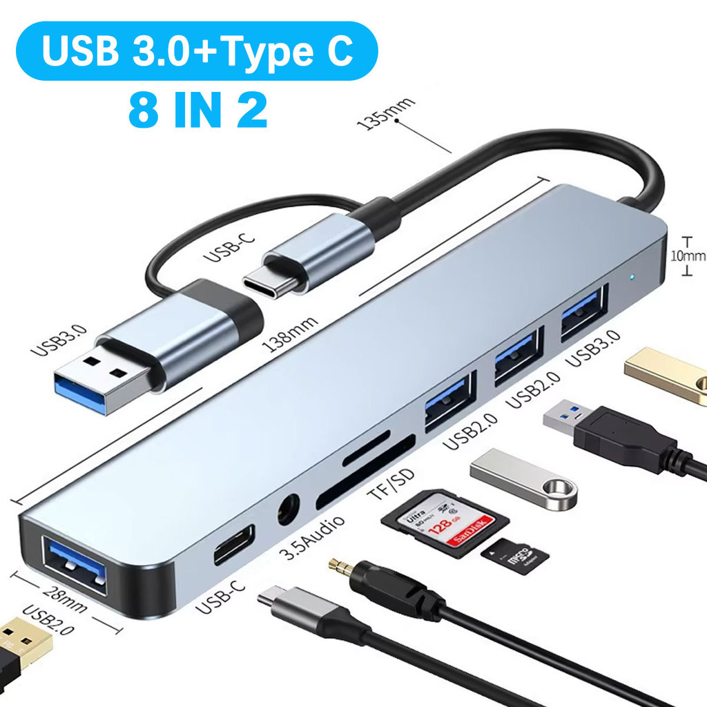 8 in 1 USB Expander HUB USB จําหน่าย 2 USB 3.0 2 USB 2.0 และ 1 พอร์ต USB C TF/SD Card เหมาะสําหรับแล