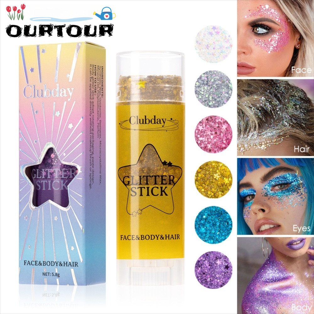 URTOUR Sequins Glitter Stick, Body Paint Glitter แบบพกพา, Body Glitter Sticks 6 สี Cheek Gel Stick ส