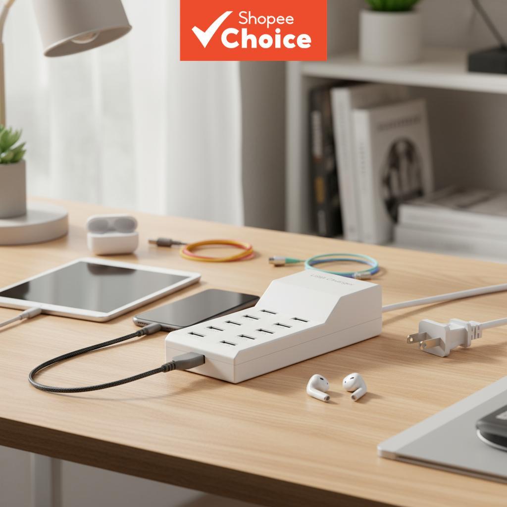 เครื่องชาร์จโทรศัพท์ USB 10 พอร์ต 50W 5V 2.4A สถานีชาร์จ USB อเนกประสงค์สําหรับ Android, iPhone, แท็