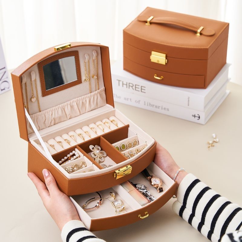 ลิ้นชักกล่องเครื่องประดับแบบพกพา Double-Layer ขนาดใหญ่-ความจุกระจก High-End หรูหราสร้อยคอหู Stud Sto