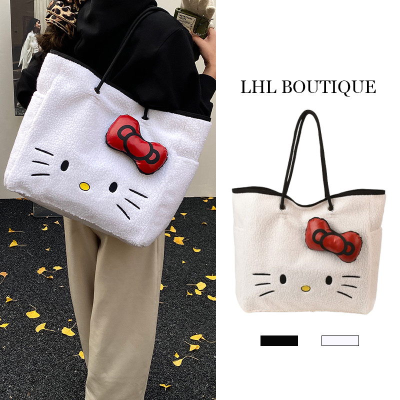 LHL BOUTIQUE  กระเป๋าถือ Hello Kitty Plush แบบโท้ท ความจุมาก สไตล์เรียบหรู