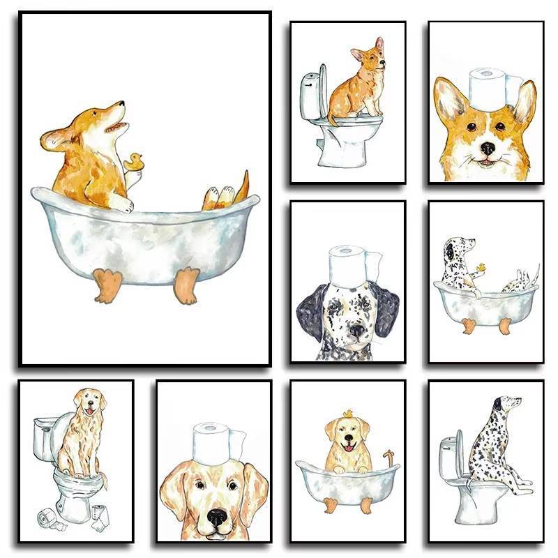 ตลกห้องน้ําสัตว์เลี้ยงโปสเตอร์ Beagle Corgi Retriever สุนัขห้องน้ําภาพวาดอารมณ์ขันอ่างอาบน้ําสีน้ําผ้าใบ Wall Art สําหรับ Washroom Decor