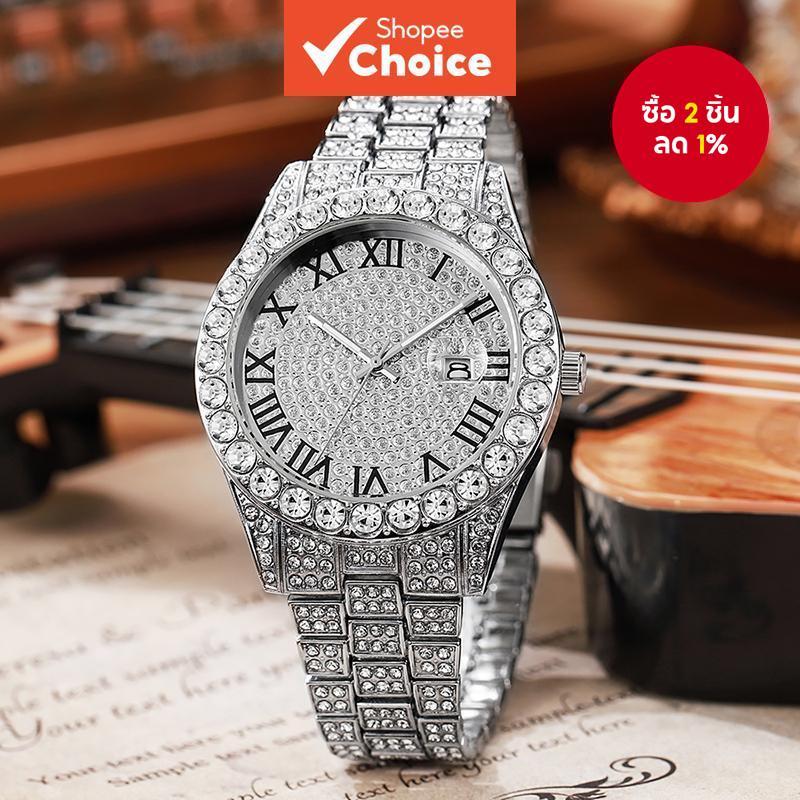 ฮิปฮอปผู้ชายนาฬิกาควอตซ์ยูโรสไตล์อเมริกันสายเหล็กตัวเลขโรมันเลียนแบบเพชรปฏิทินแฟชั่นทุกวัน