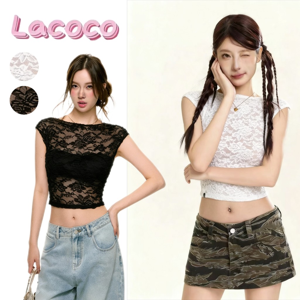 Lacoco คลังสินค้าพร้อม เสื้อยืดแขนสั้นเปิดหลังผูกโบว์ลูกไม้สุดหวานและบริสุทธิ์ เสื้อรัดรูปเซ็กซี่แบบซีทรู