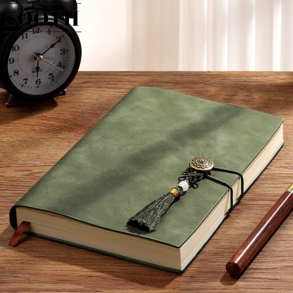 SOOOTH สมุดโน้ตหนัง PU มีพู่สีทอง Thicken Business Notepad, Retro 200 หน้าลูกปัดปิดการประชุมโน๊ตบุ๊คสํานักงานเครื่องเขียน