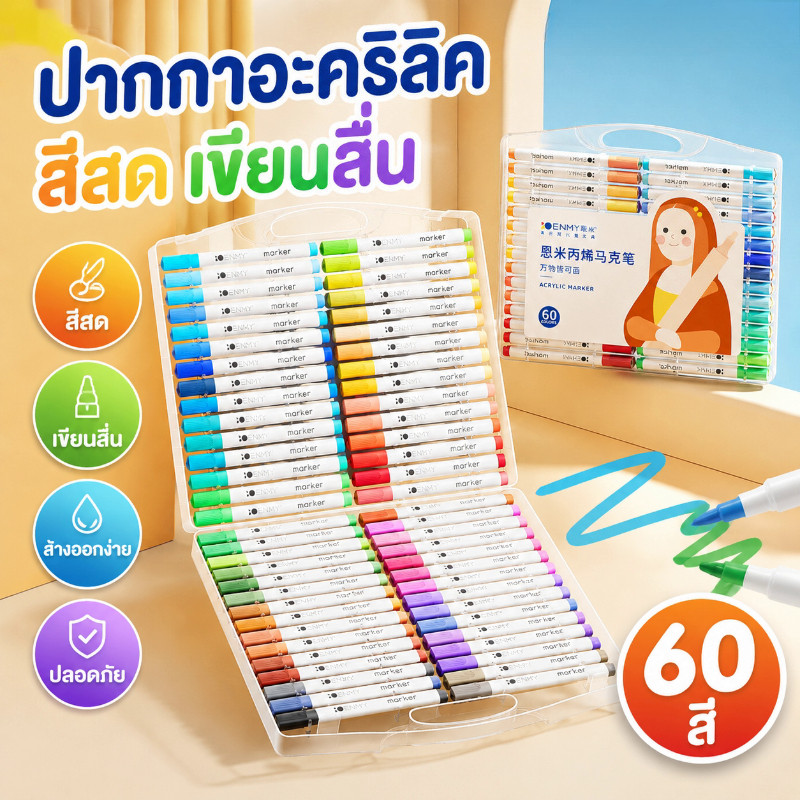 ปากกาอะคริลิค12สี/24สี/36สี/48สี/60สี ปากกา marker กันน้ำ เขียนได้ทุกพื้นผิว ปากกาเขียนแก้ว /พลาสติก/ไม้/เหล็ก/กระจก/ผ้า
