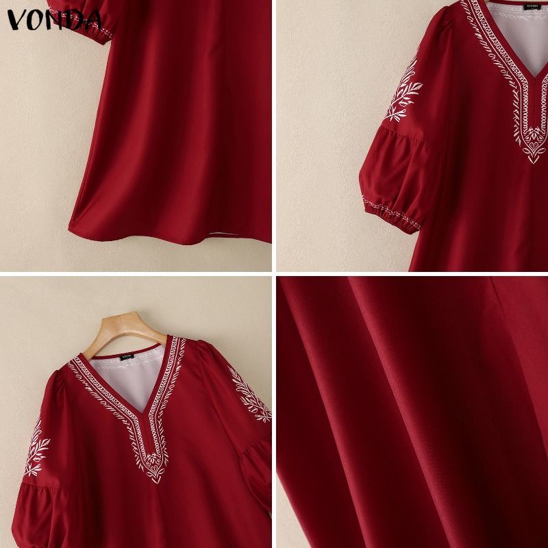 VONDA ผู้หญิงเกาหลีสไตล์ลําลอง V คอตําแหน่งดอกไม้รวบรวม Pleats ยืดหยุ่น Cuffs พัฟแขนหลวมทอสายสามในสี่แขนชุด — صورة 8