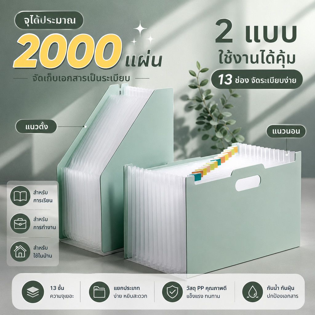 SKY แฟ้มตั้งโต๊ะ 13 ช่อง แฟ้มเอกสาร ขนาด A4 ตัดเฉียง ยืดหดได้ 32x22x15cm พับเก็บได้ กระเป๋าเอกสาร ตั้งโต๊ะได้